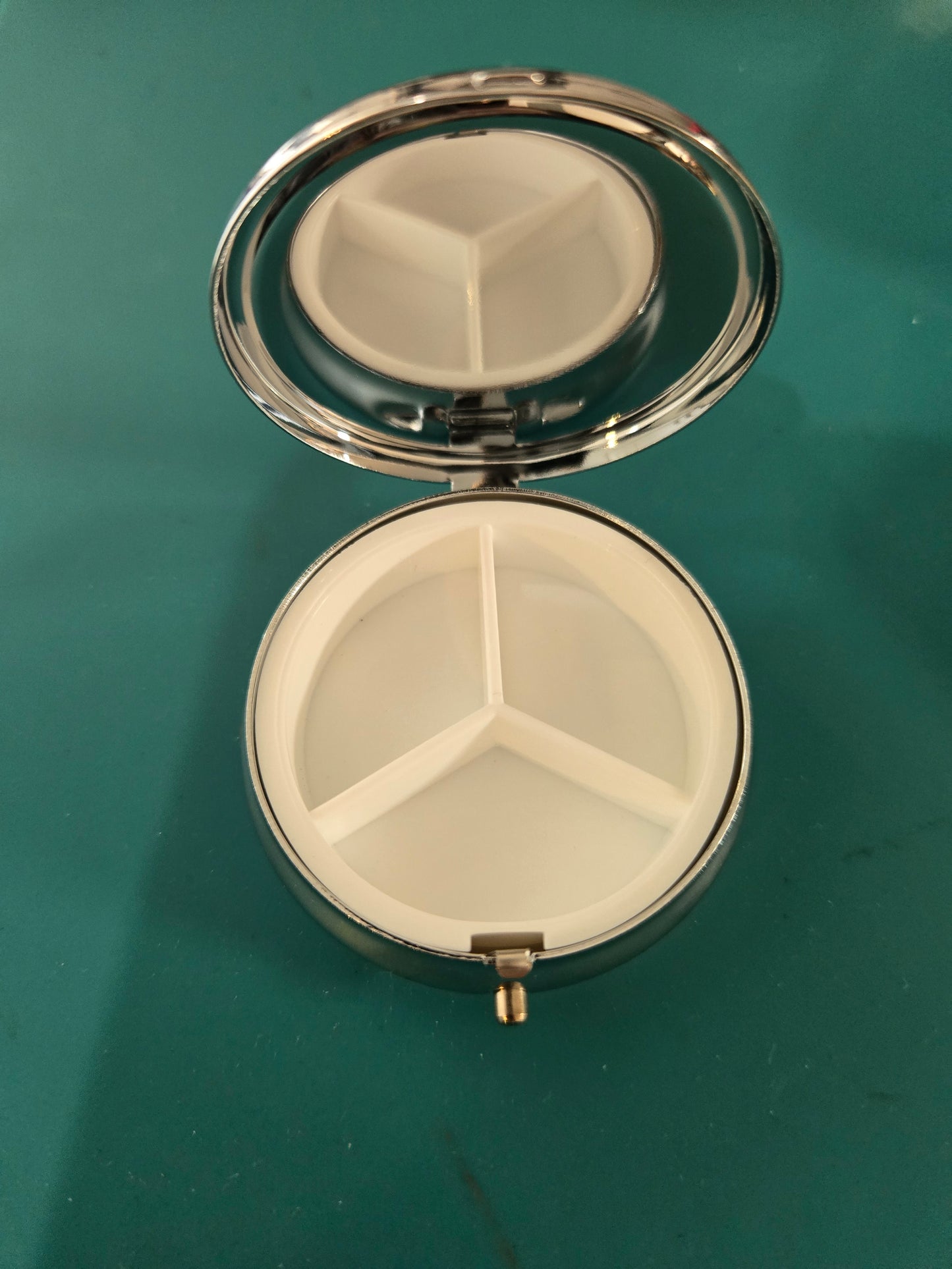 Upcycled small circle pill case 3 compartment inside