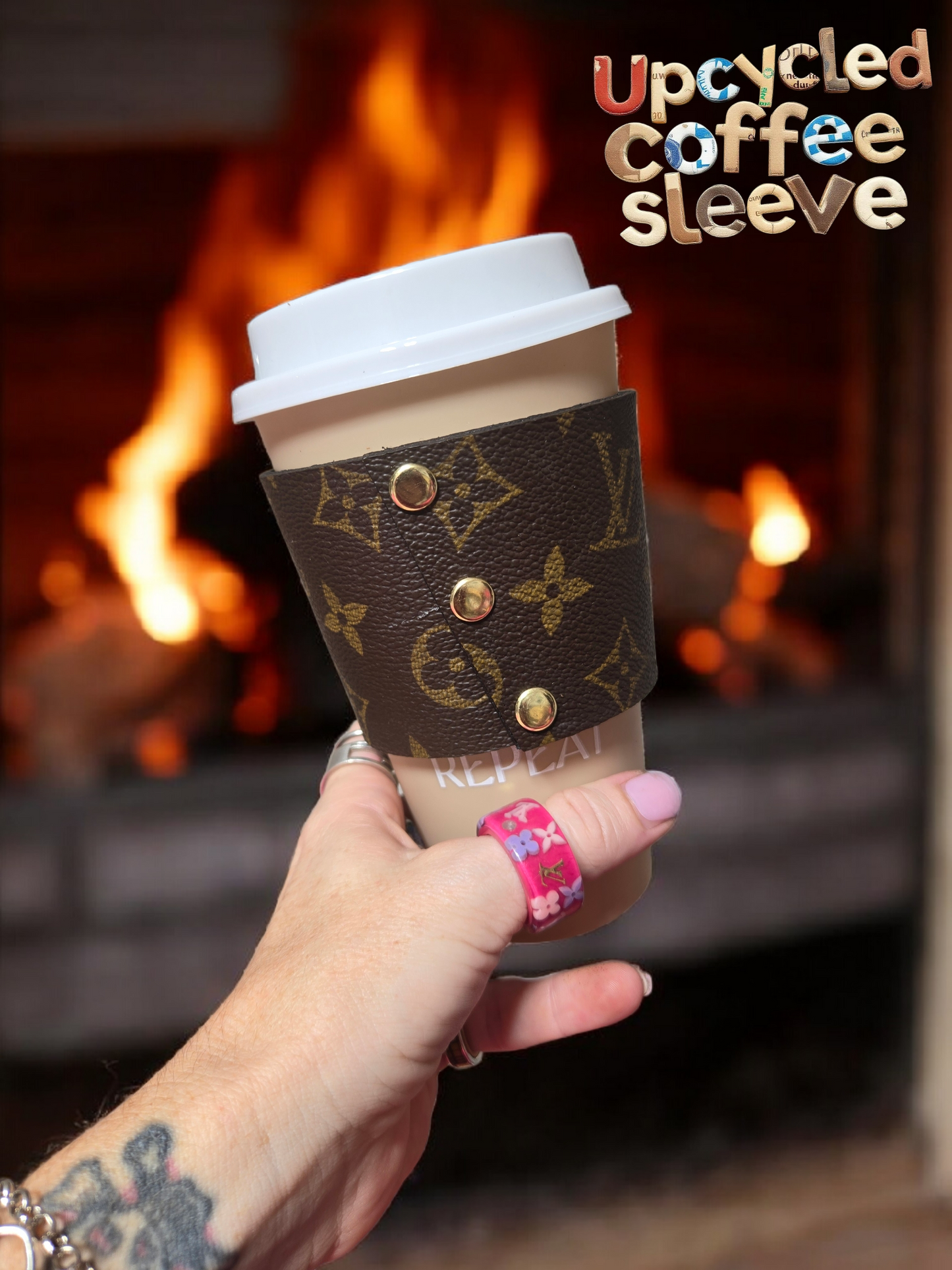 Upcycled coffee cup sleeve and coffee cup combo.