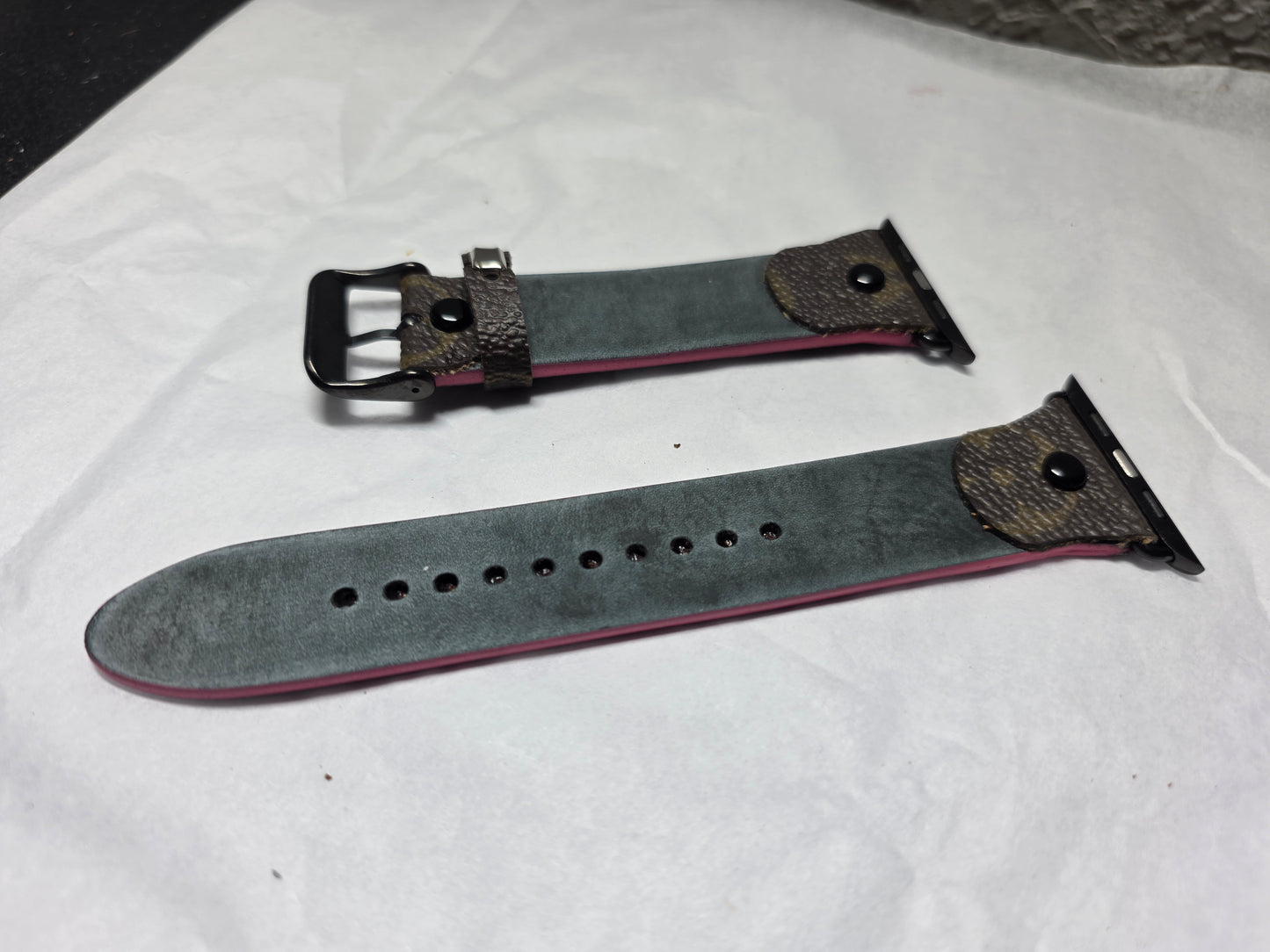 Upcycled apple watchband for large Apple Watch with hand painted pink edges