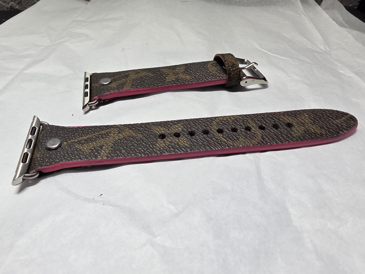 Upcycled apple watchband for large Apple Watch with hand painted pink edges