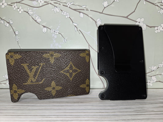 Upcycled stainless/wood card holder.