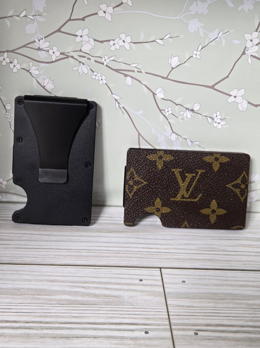 Upcycled stainless/wood card holder with money clip.