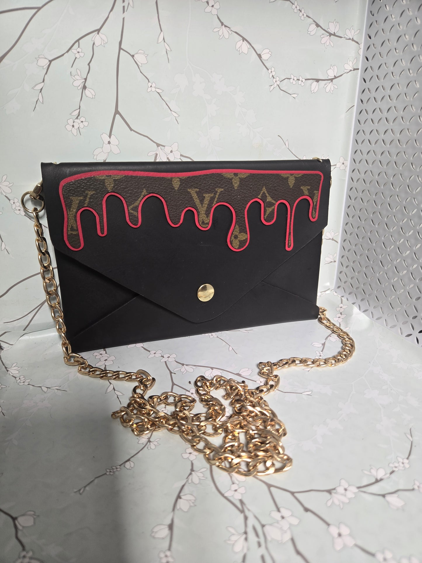 Upcycled leather red drippy crossbody
