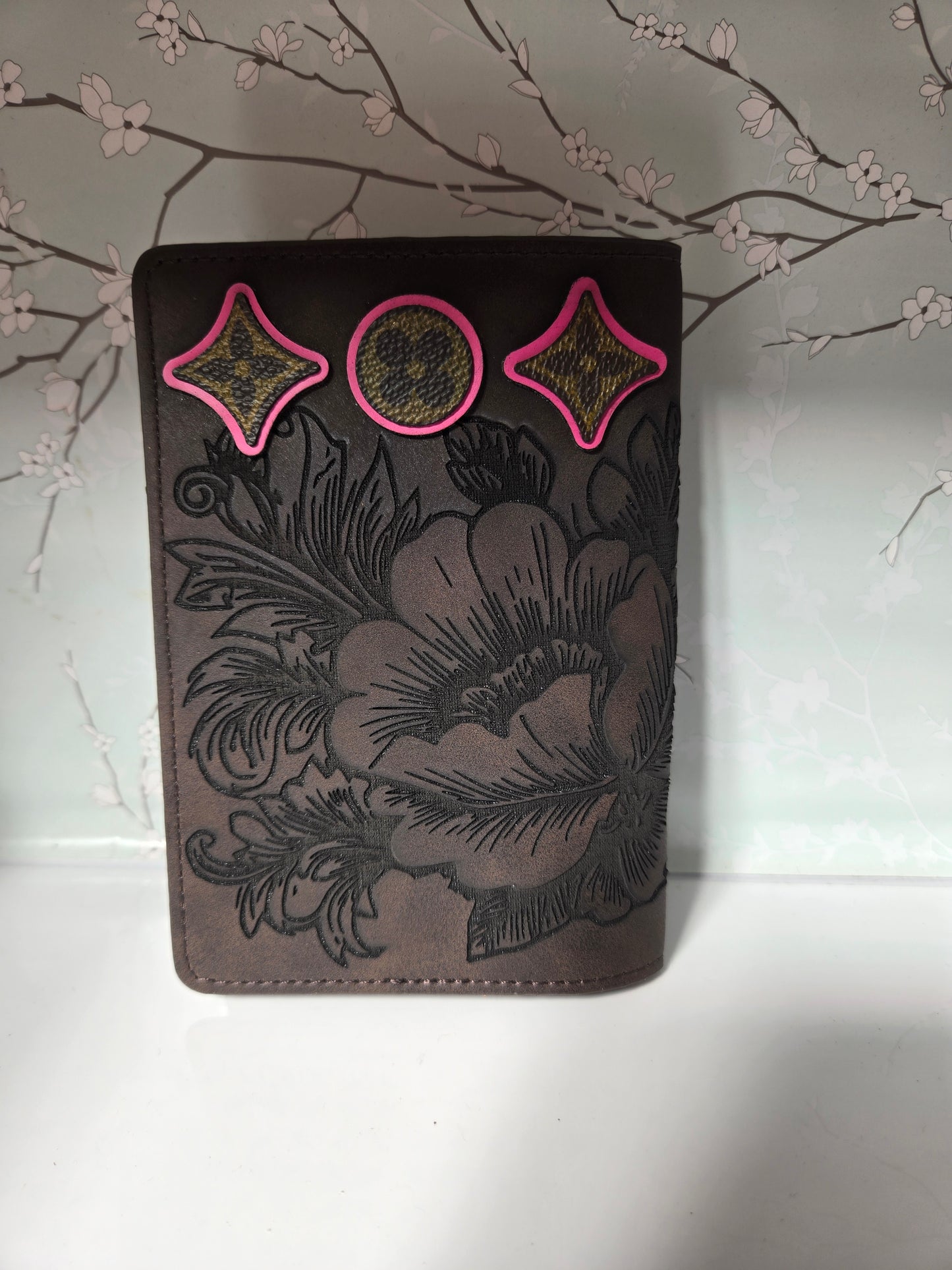 Upcycled engraved leather passport cover