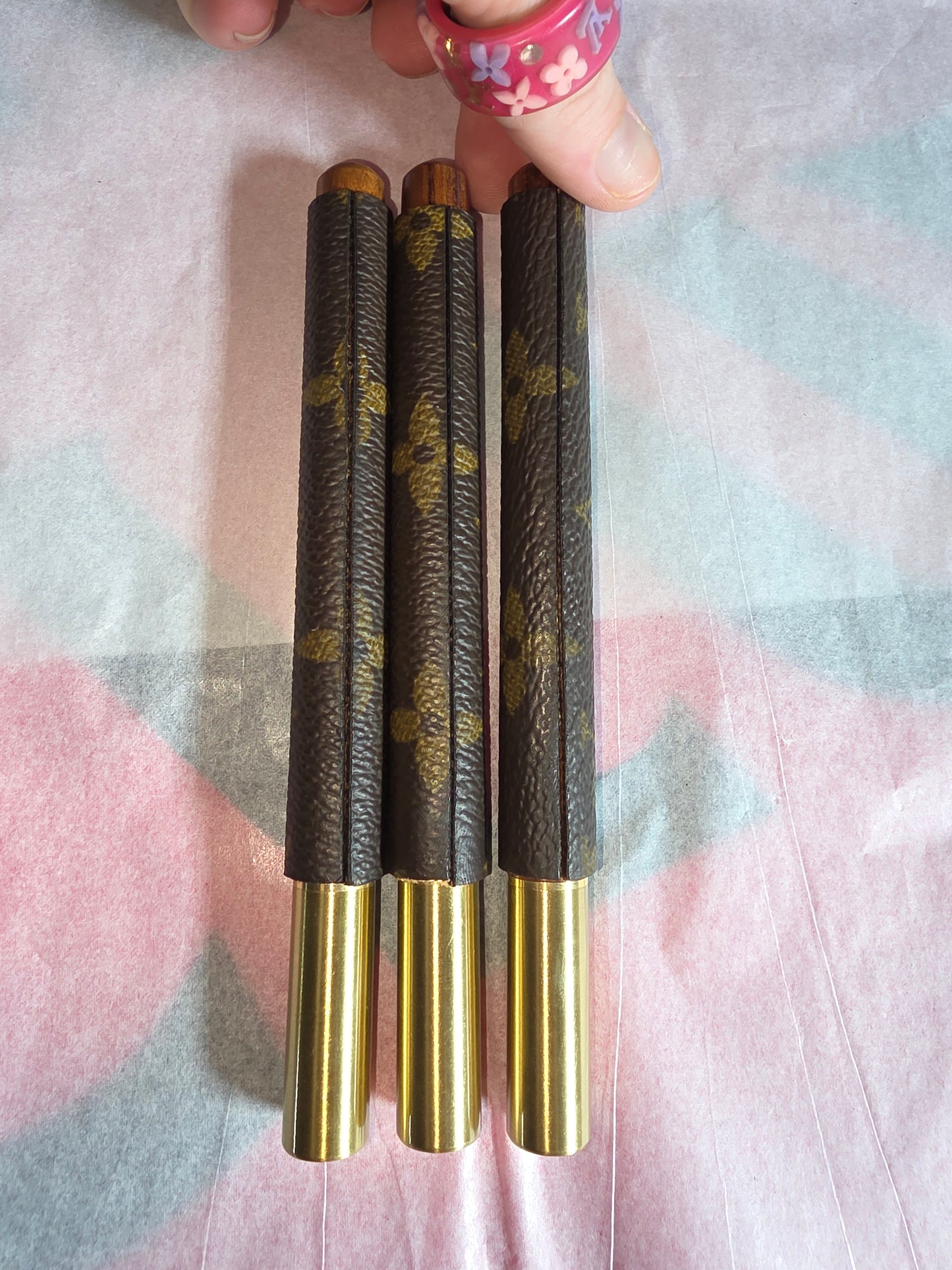 3 upcycled handmade rosewood and brass pens with 8 refills.