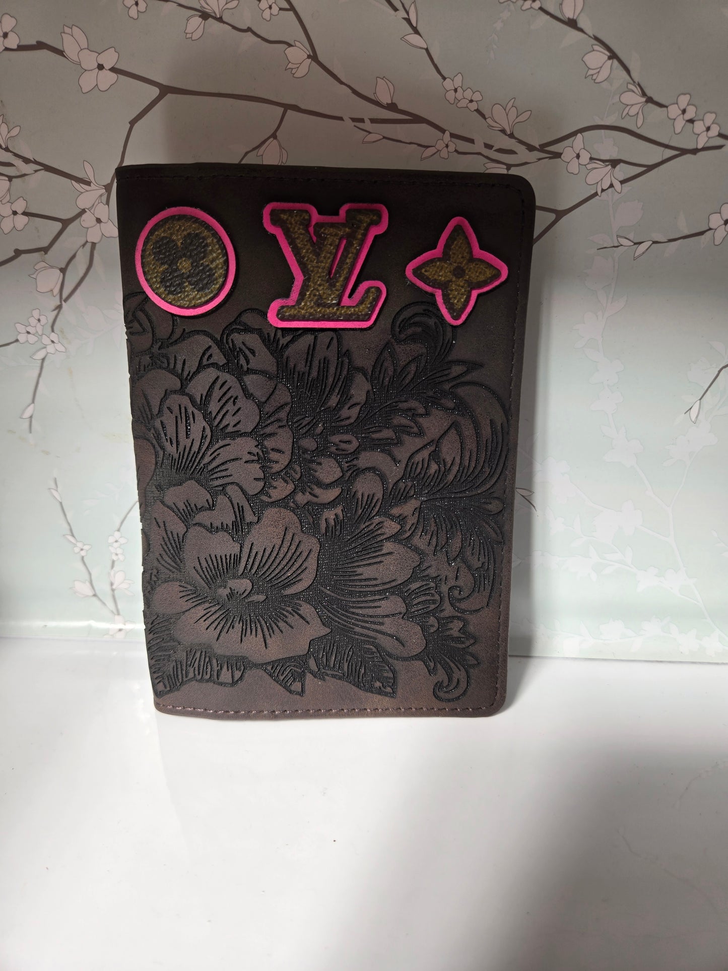 Upcycled engraved leather passport cover