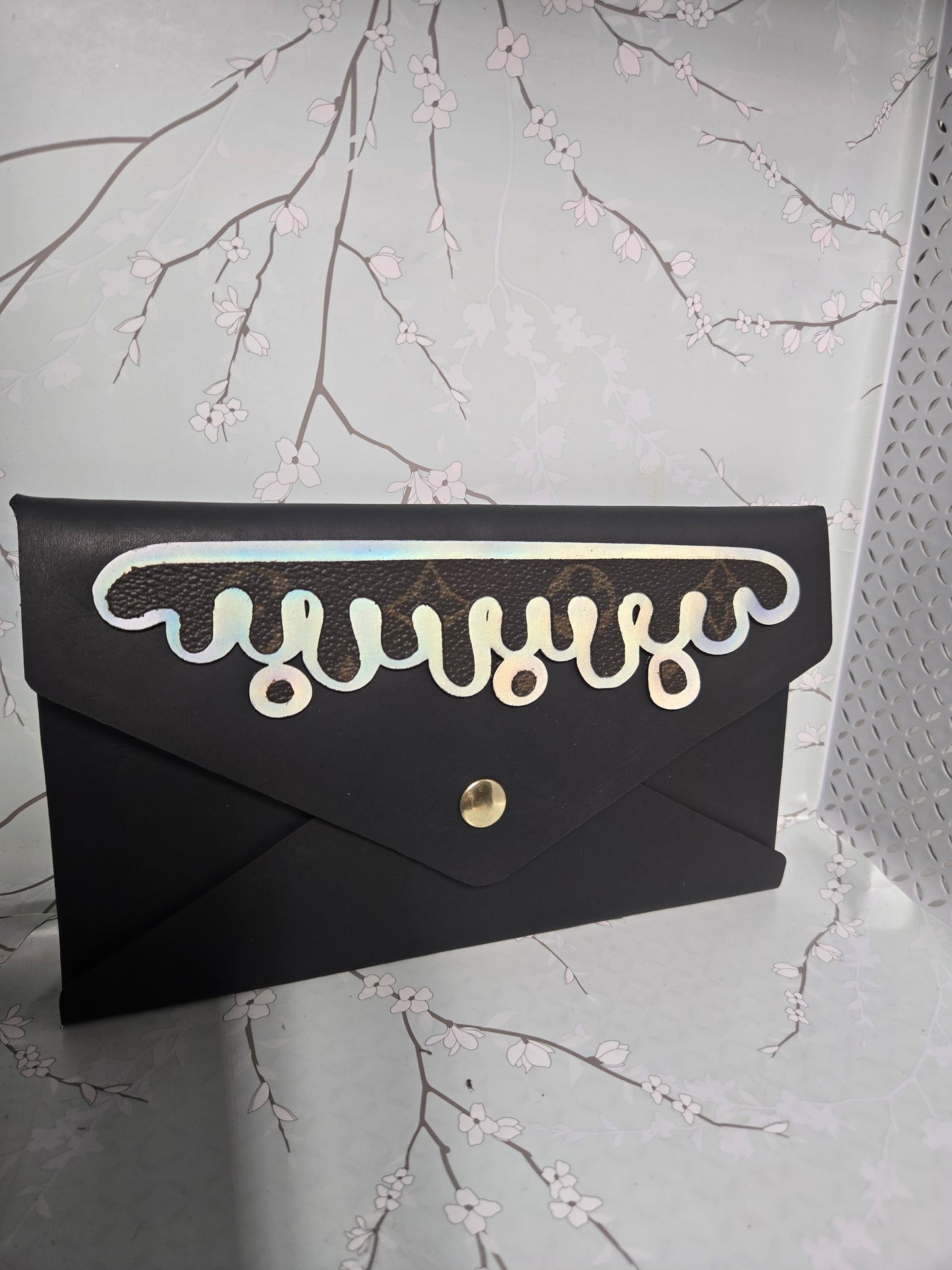 Holographic patch upcycled leather crossbody